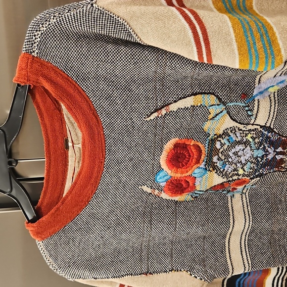 💕FREE PEOPLE💕 Desert Rose Sweater Embroidered Longhorn Colorblock Knit Medium - Picture 9 of 15